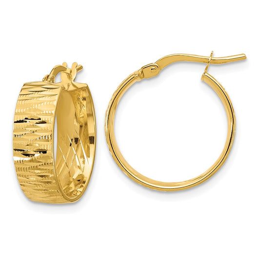 14K Yellow Gold Polished And Diamond Cut Round Hoop Earrings