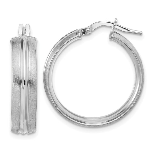 14K White Gold Polished And Satin Round Hoop Earrings