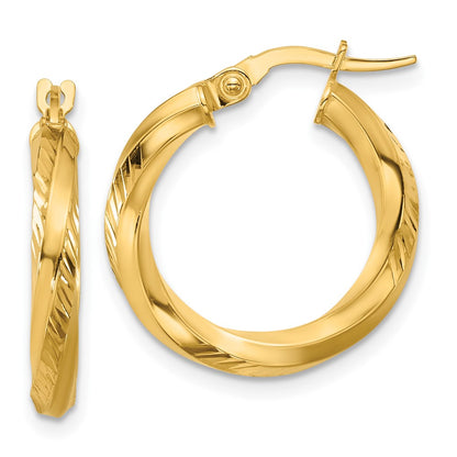 14K Yellow Gold Polished And Diamond Cut Round Hoop Earrings