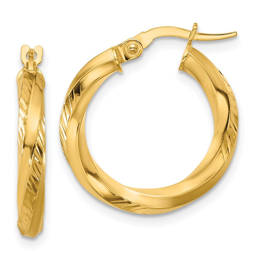 14K Yellow Gold Polished And Diamond Cut Round Hoop Earrings