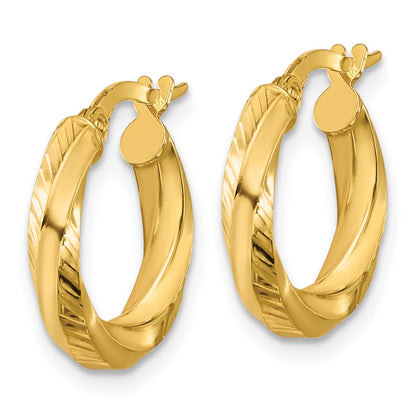 14K Yellow Gold Polished And Diamond Cut Round Hoop Earrings