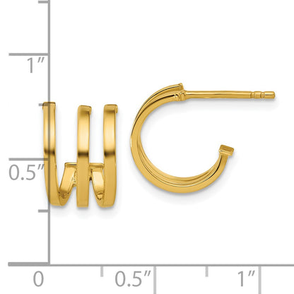 14K Yellow Gold Polished 3 Row Post J Hoop Earrings