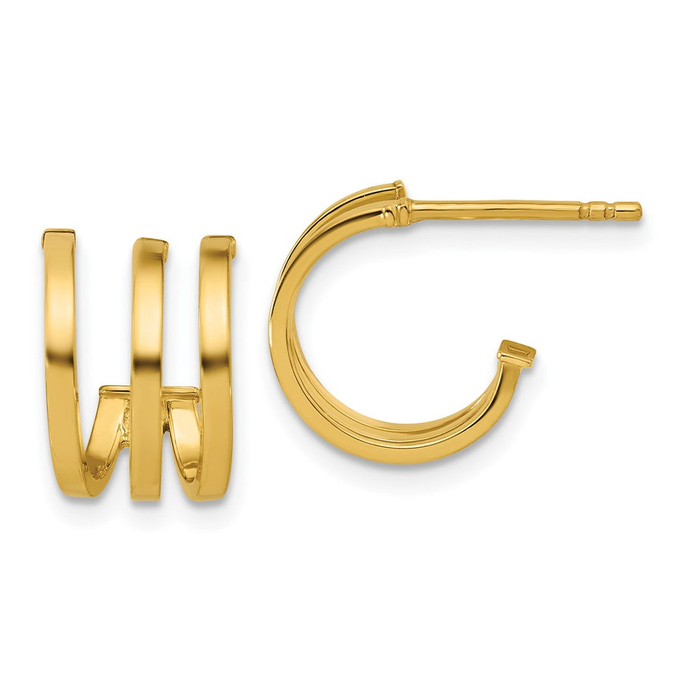 14K Yellow Gold Polished 3 Row Post J Hoop Earrings