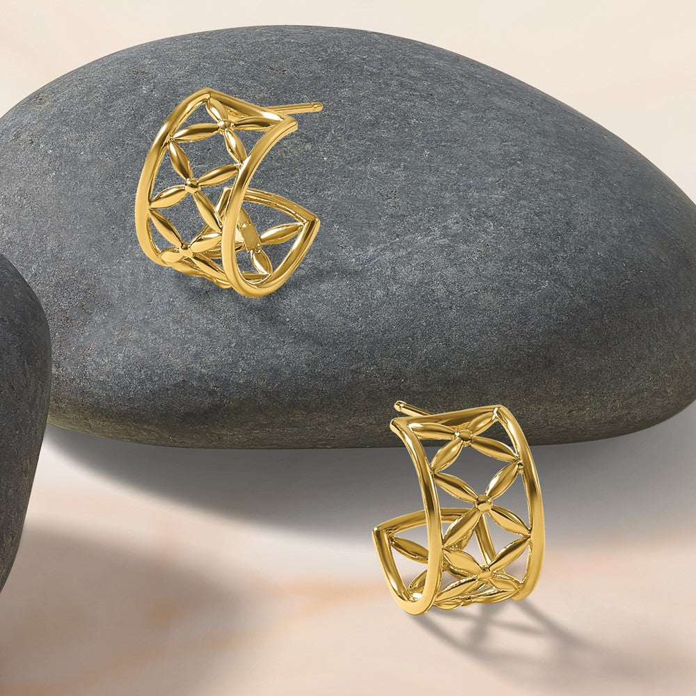 14K Yellow Gold Polished Criss Cross J Hoop Post Earrings