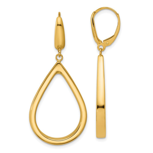 14K Yellow Gold Polished Open Teardrop Leverback Dangle Earrings