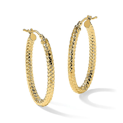 14K Yellow Gold Foreverlite Polished And Textured Oval Hoop Earrings
