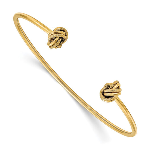 14K Yellow Gold Polished And Textured Love Knot Flexible Cuff Bangle
