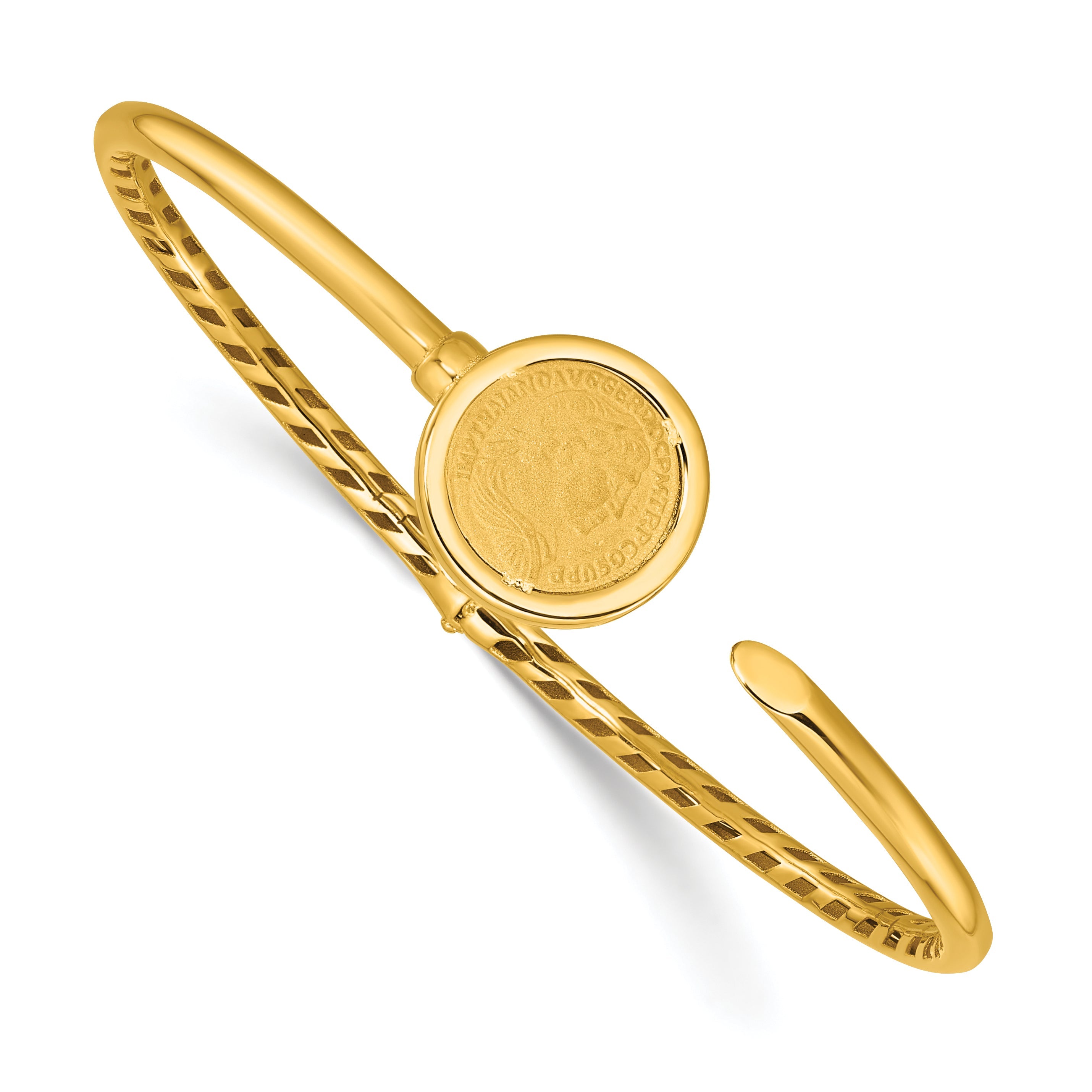 14K Yellow Gold Polished And Matte Coin Hinged Bangle