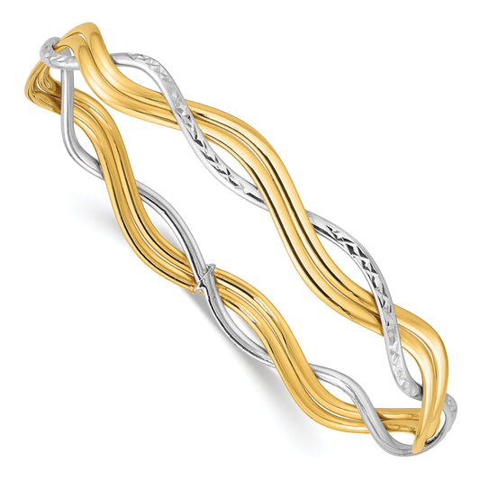 14K Yellow & Rhodium Polished And Dia Cut Braided Slip On Bangle