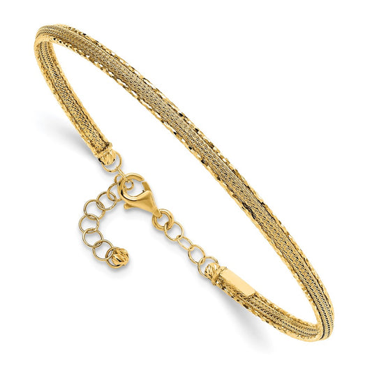 14K Yellow Gold Diamond Cut And Textured With Safety Chain Bangle