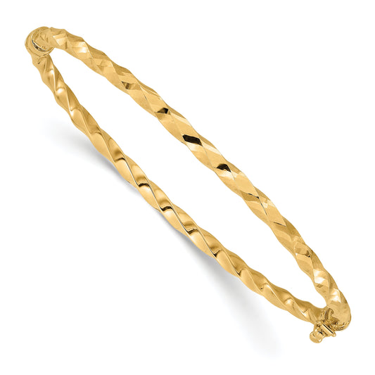 14K Yellow Gold Polished And Diamond Cut Twisted Hinged Bangle