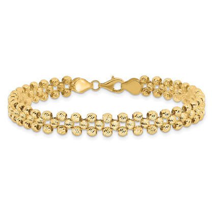 14K Yellow Gold Polished And Diamond Cut Fancy Beaded Link Bracelet