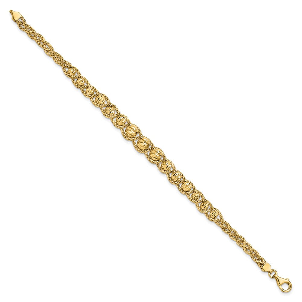 14K Yellow Gold Polished Textured And Diamond Cut Beaded Bracelet