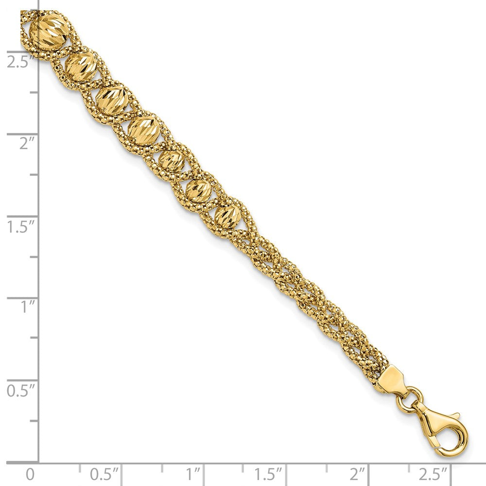 14K Yellow Gold Polished Textured And Diamond Cut Beaded Bracelet