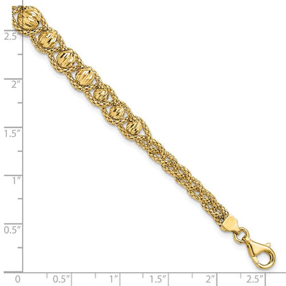 14K Yellow Gold Polished Textured And Diamond Cut Beaded Bracelet