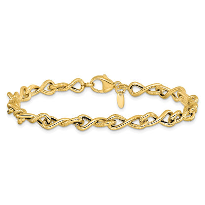 14K Yellow Gold Polished/Textured Twisted Infinity Link Bracelet