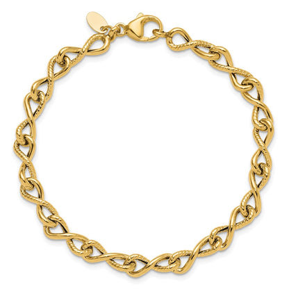 14K Yellow Gold Polished/Textured Twisted Infinity Link Bracelet