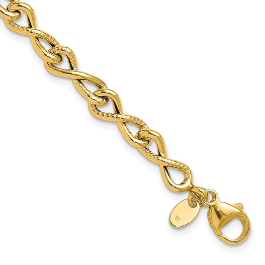 14K Yellow Gold Polished/Textured Twisted Infinity Link Bracelet