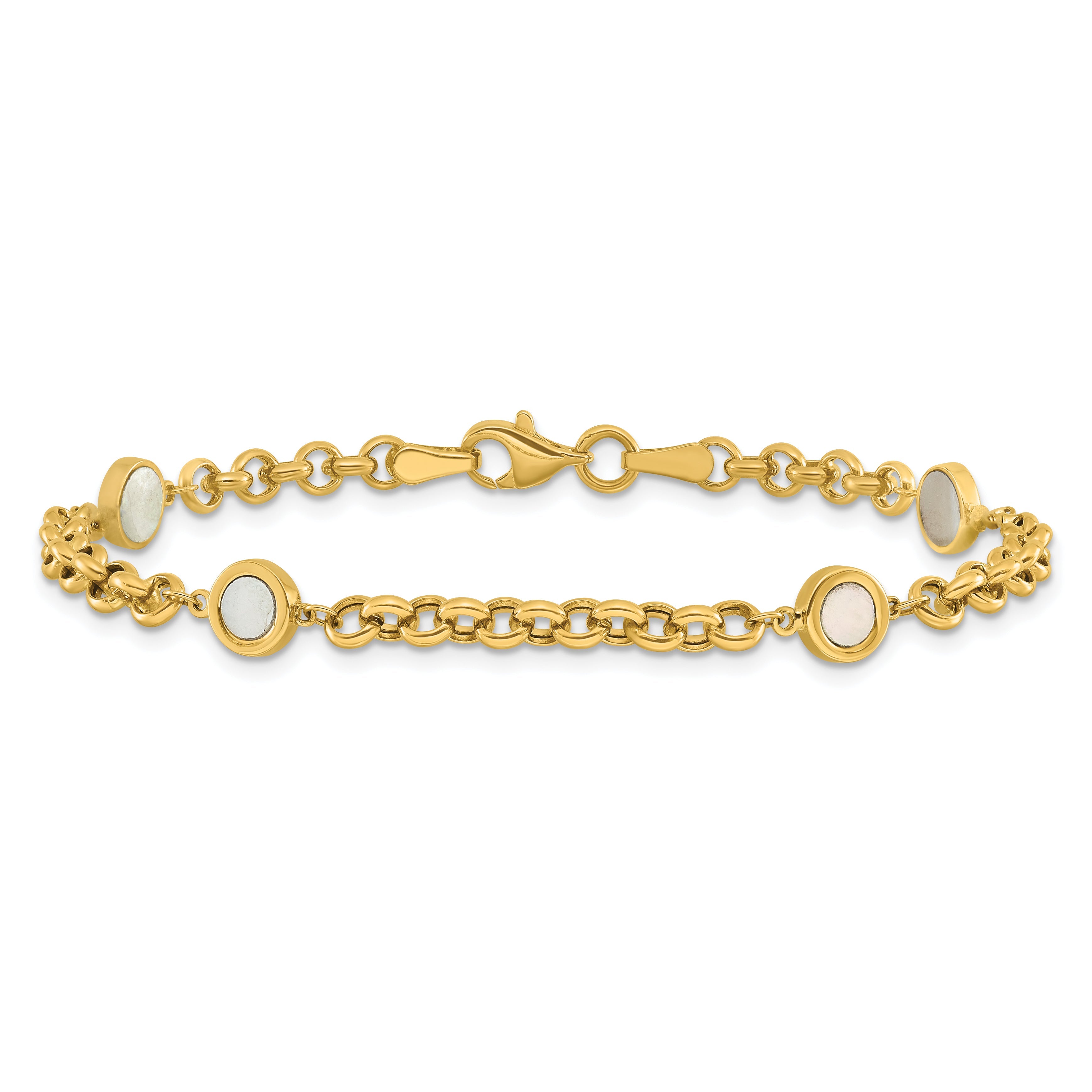 14K Yellow Gold Polished Mother Of Pearl Link Bracelet