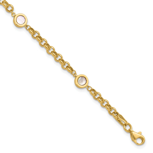 14K Yellow Gold Polished Mother Of Pearl Link Bracelet