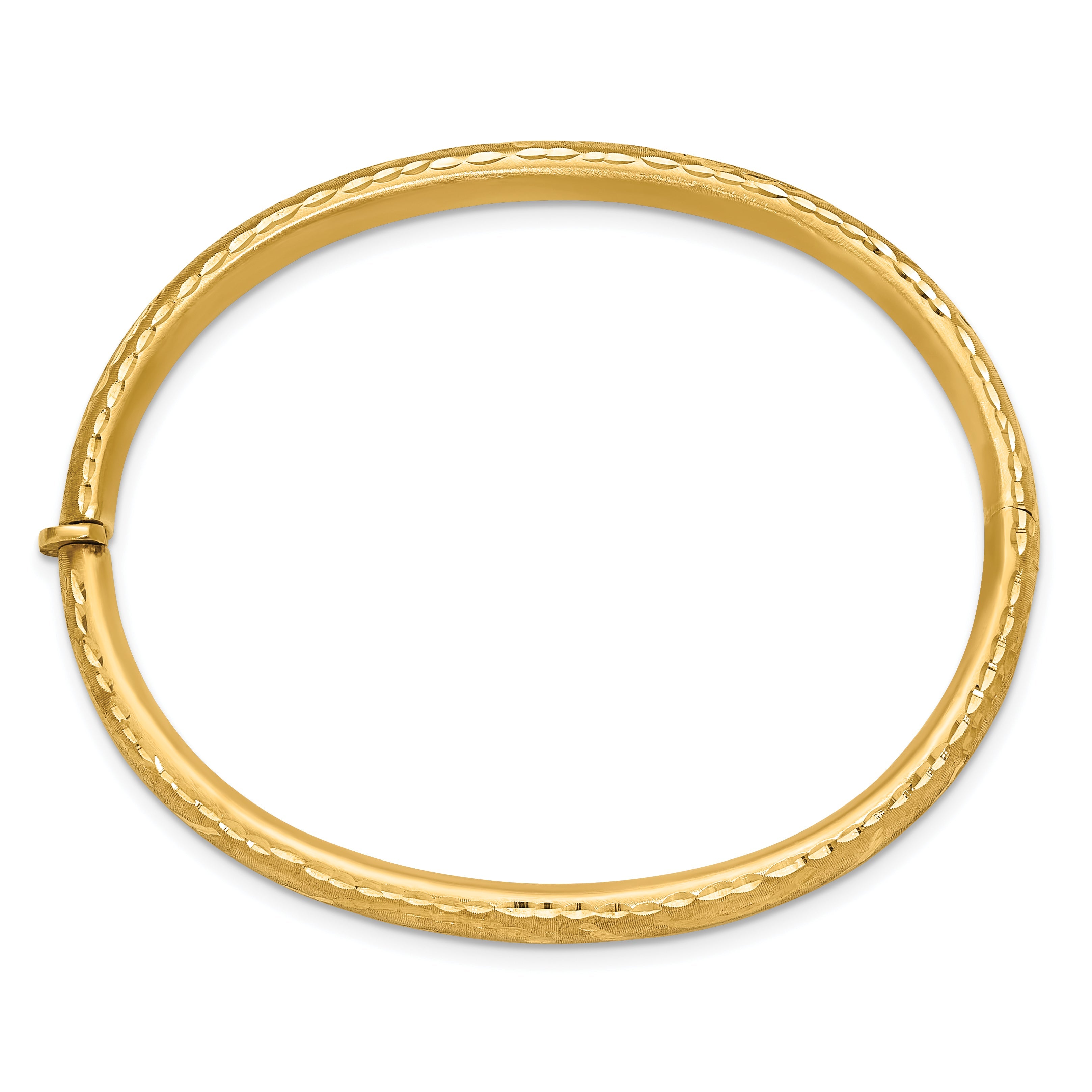 14K Yellow Gold Satin And Diamond Cut Hinged Bangle