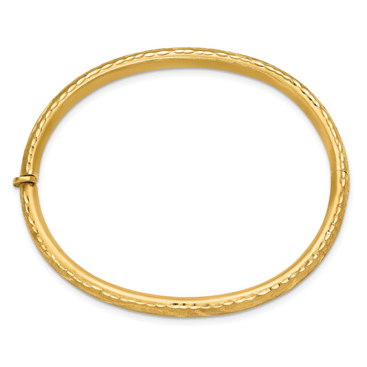 14K Yellow Gold Satin And Diamond Cut Hinged Bangle