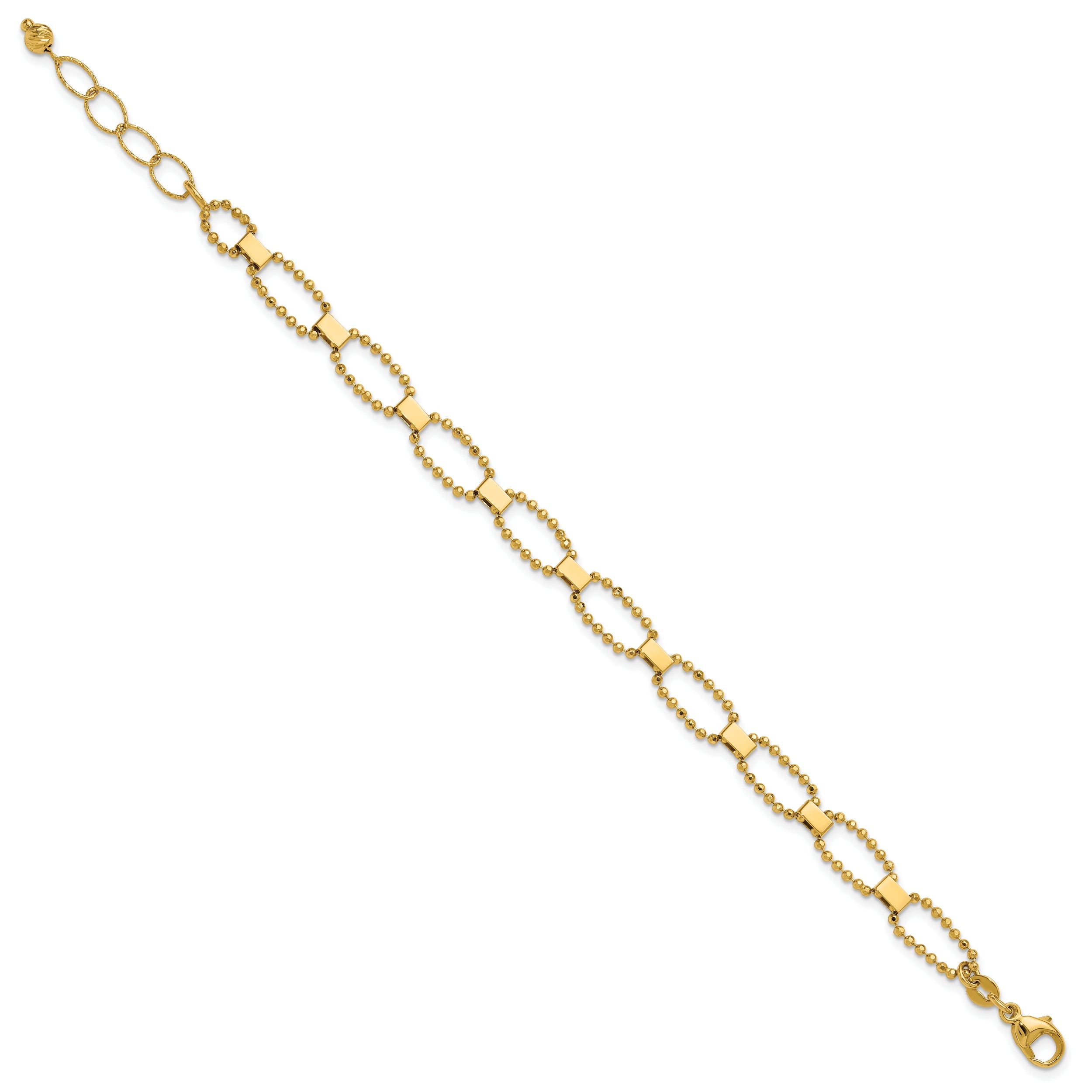 14K Yellow Gold Polished / Dia Cut Fancy Beaded Link W/ 1In Ext. Bracelet