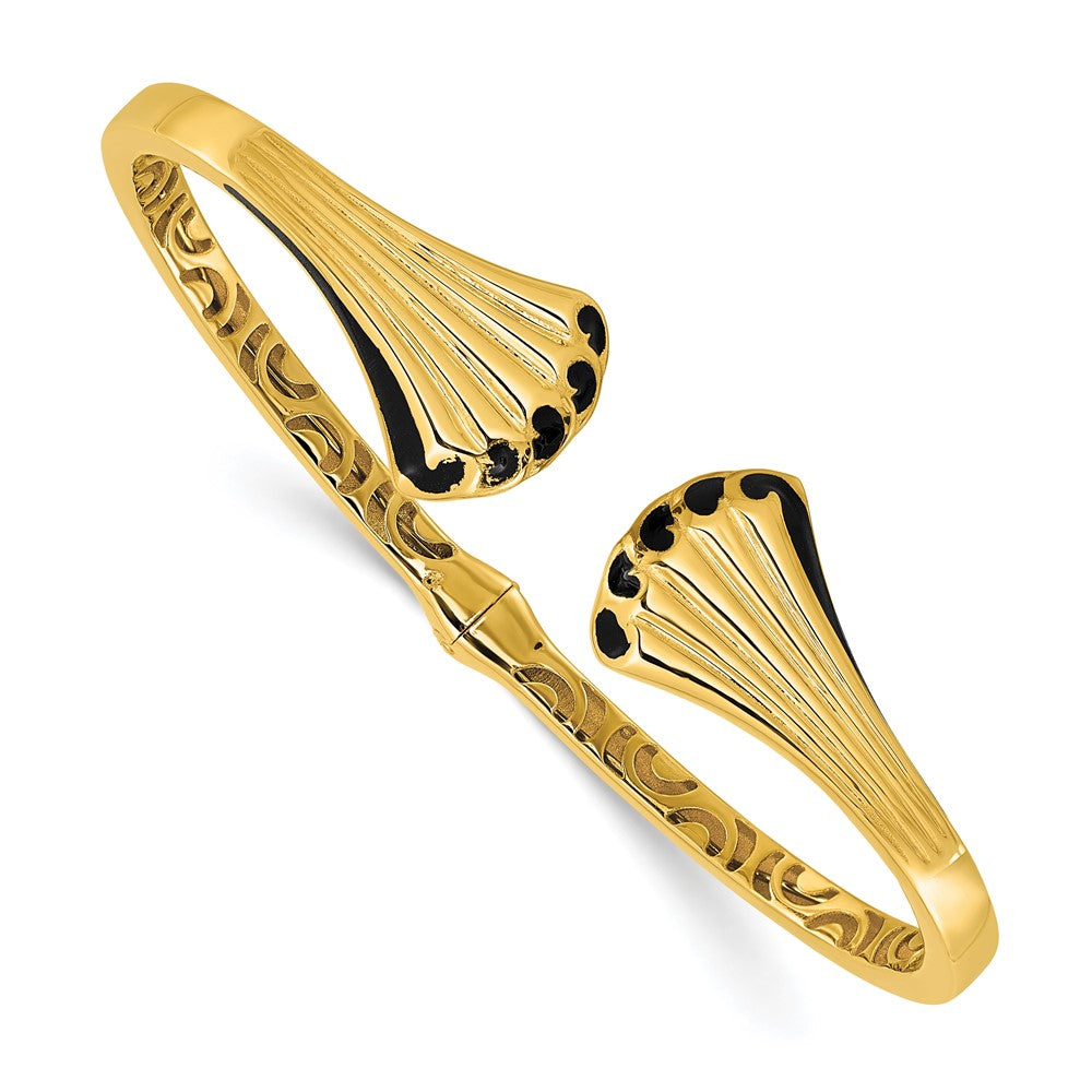 14K Yellow Gold Black Enamel Polished Fancy Hinged Cuff Bangle