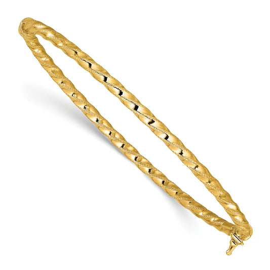 14K Yellow Gold Polished/Textured And Twisted Hinged Bangle