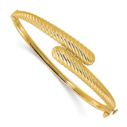 14K Yellow Gold Polished And Grooved Bypass Hinged Bangle