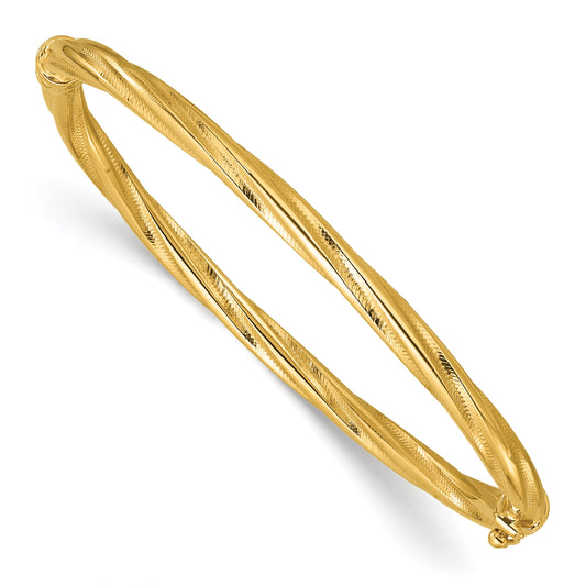 14K Yellow Gold Polished And Textured Twist Hinged Bangle