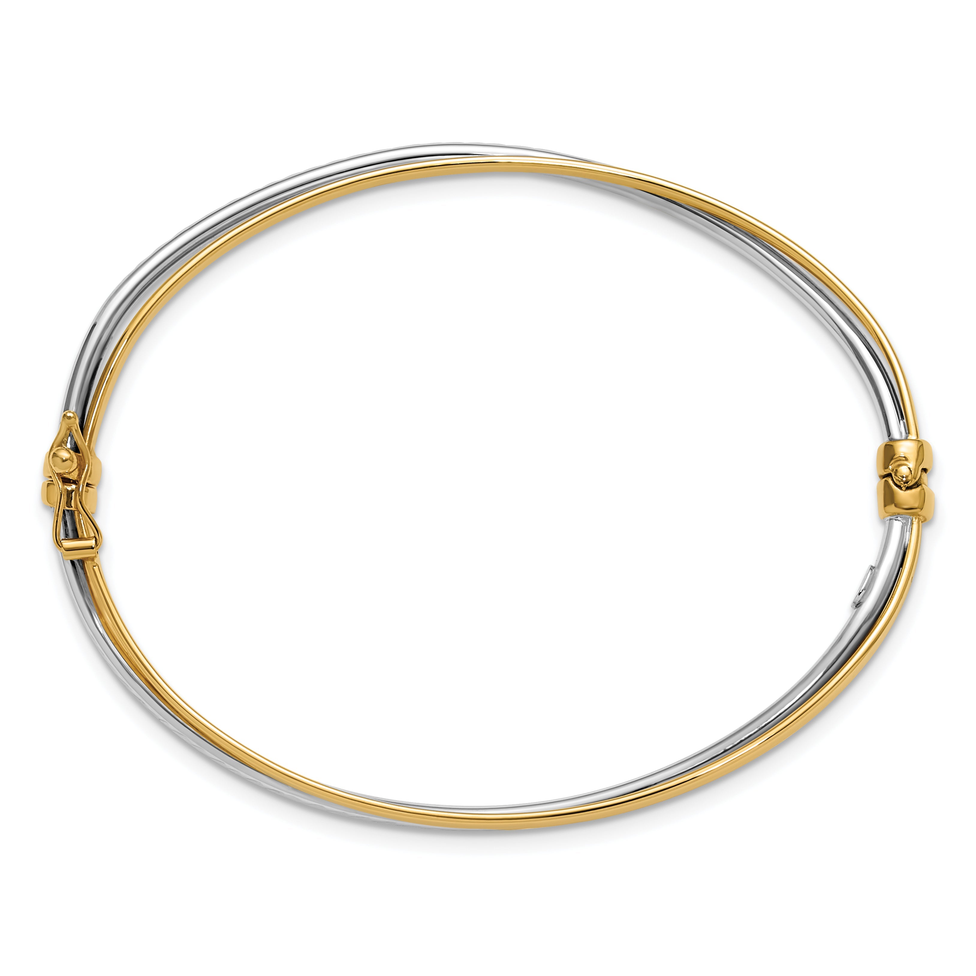 14K Two Tone Rhodium Polished/Diamond Cut Twist Hinged Bangle