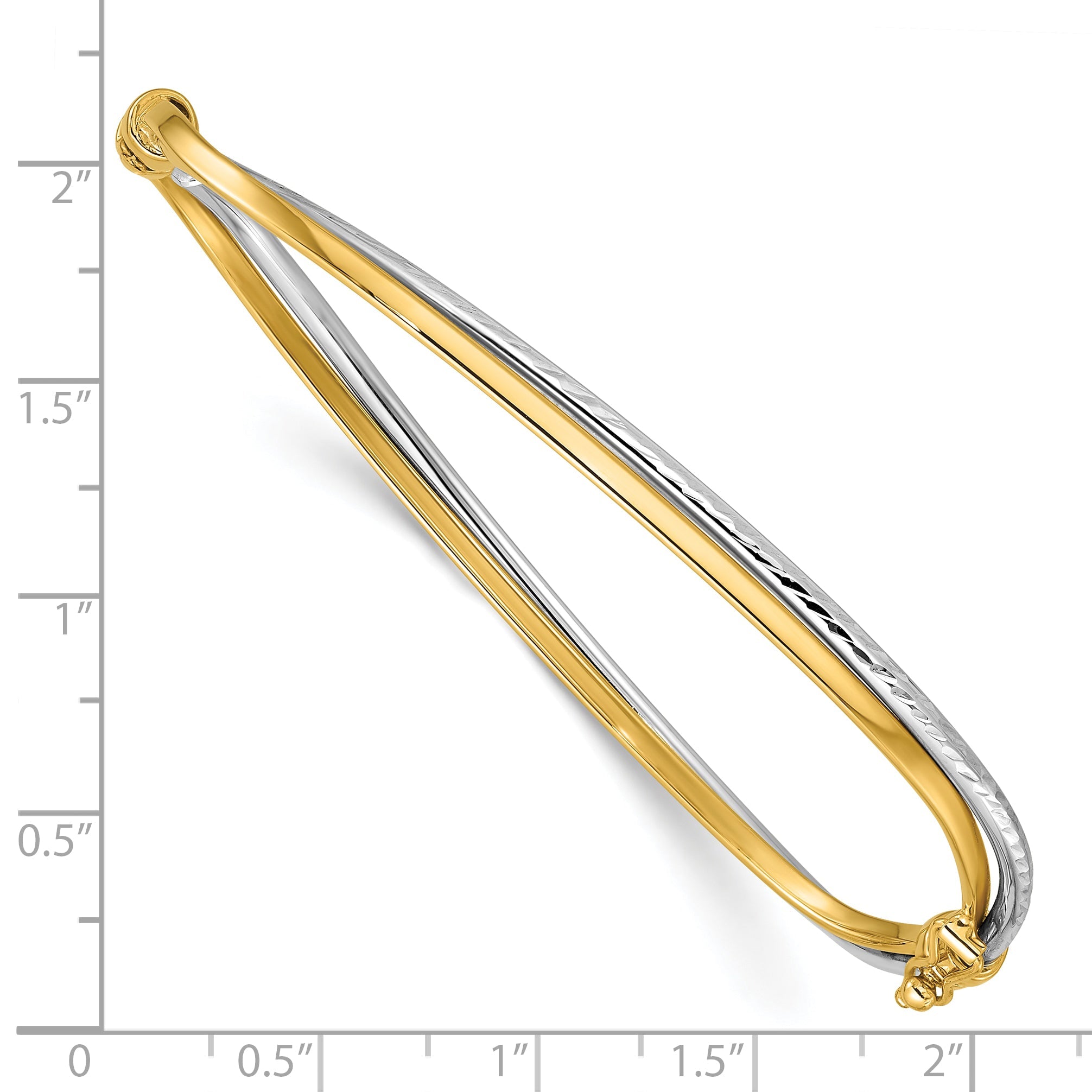 14K Two Tone Rhodium Polished/Diamond Cut Twist Hinged Bangle