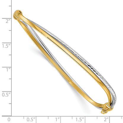 14K Two Tone Rhodium Polished/Diamond Cut Twist Hinged Bangle