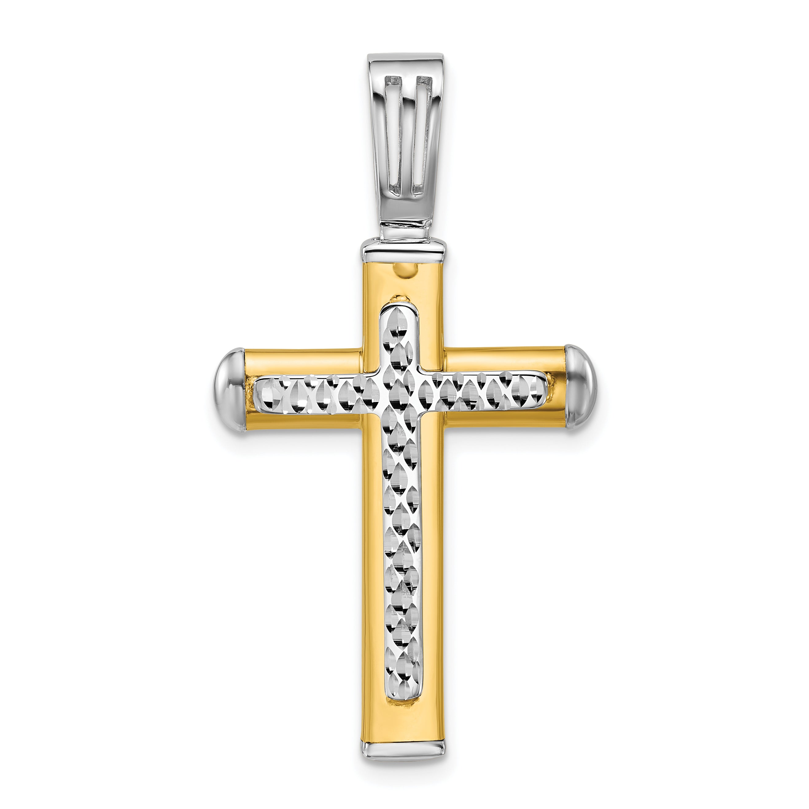 14K Two Tone Polished And Diamond Cut Cross Pendant