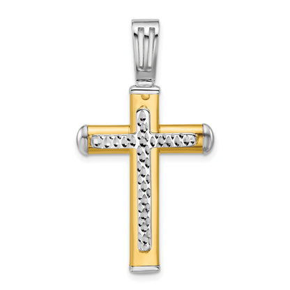 14K Two Tone Polished And Diamond Cut Cross Pendant