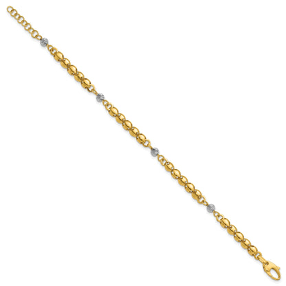 14K Yellow & Rhodium Polished D/C Beaded Oval Link 1In Ext. Bracelet