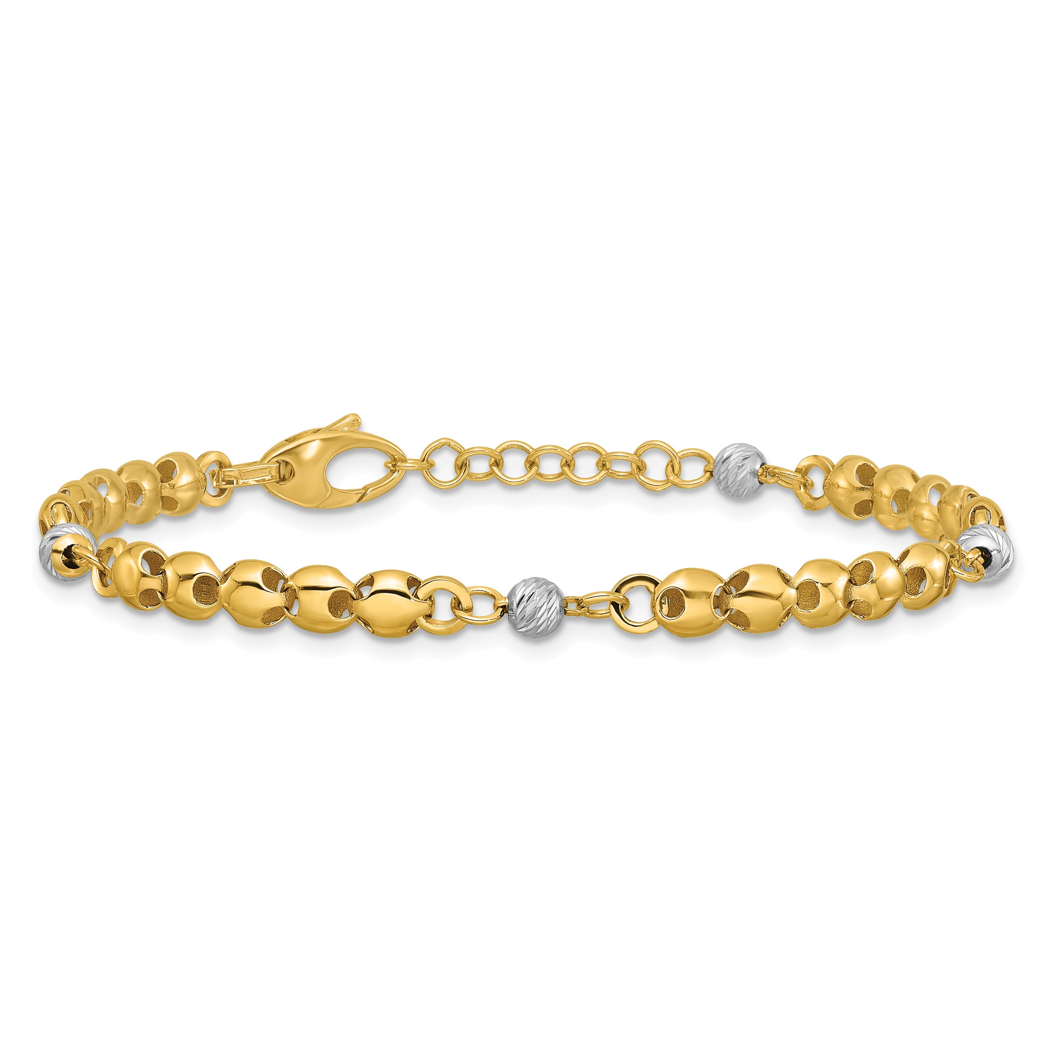 14K Yellow & Rhodium Polished D/C Beaded Oval Link 1In Ext. Bracelet