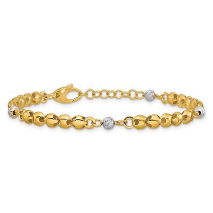 14K Yellow & Rhodium Polished D/C Beaded Oval Link 1In Ext. Bracelet