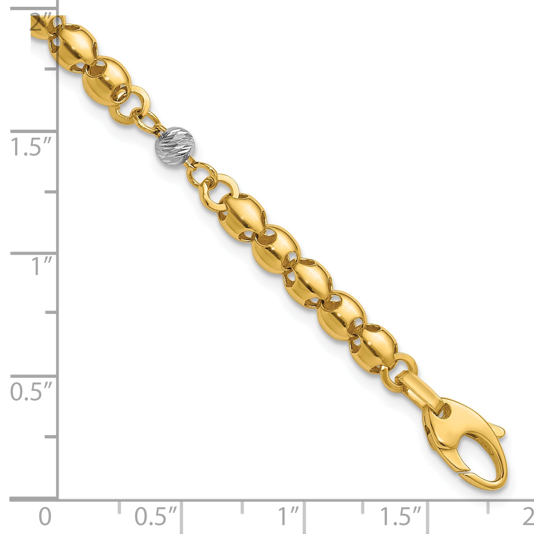 14K Yellow & Rhodium Polished D/C Beaded Oval Link 1In Ext. Bracelet