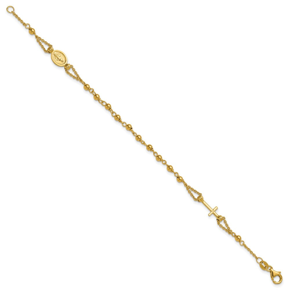 14K Yellow Gold Polished Diamond Cut / Beaded Religious Rosary Style Bracelet