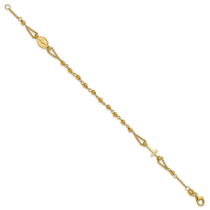 14K Yellow Gold Polished Diamond Cut / Beaded Religious Rosary Style Bracelet