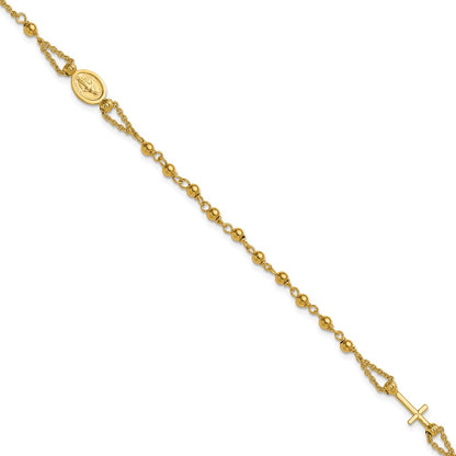 14K Yellow Gold Polished Diamond Cut / Beaded Religious Rosary Style Bracelet