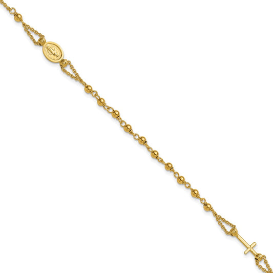 14K Yellow Gold Polished Diamond Cut / Beaded Religious Rosary Style Bracelet