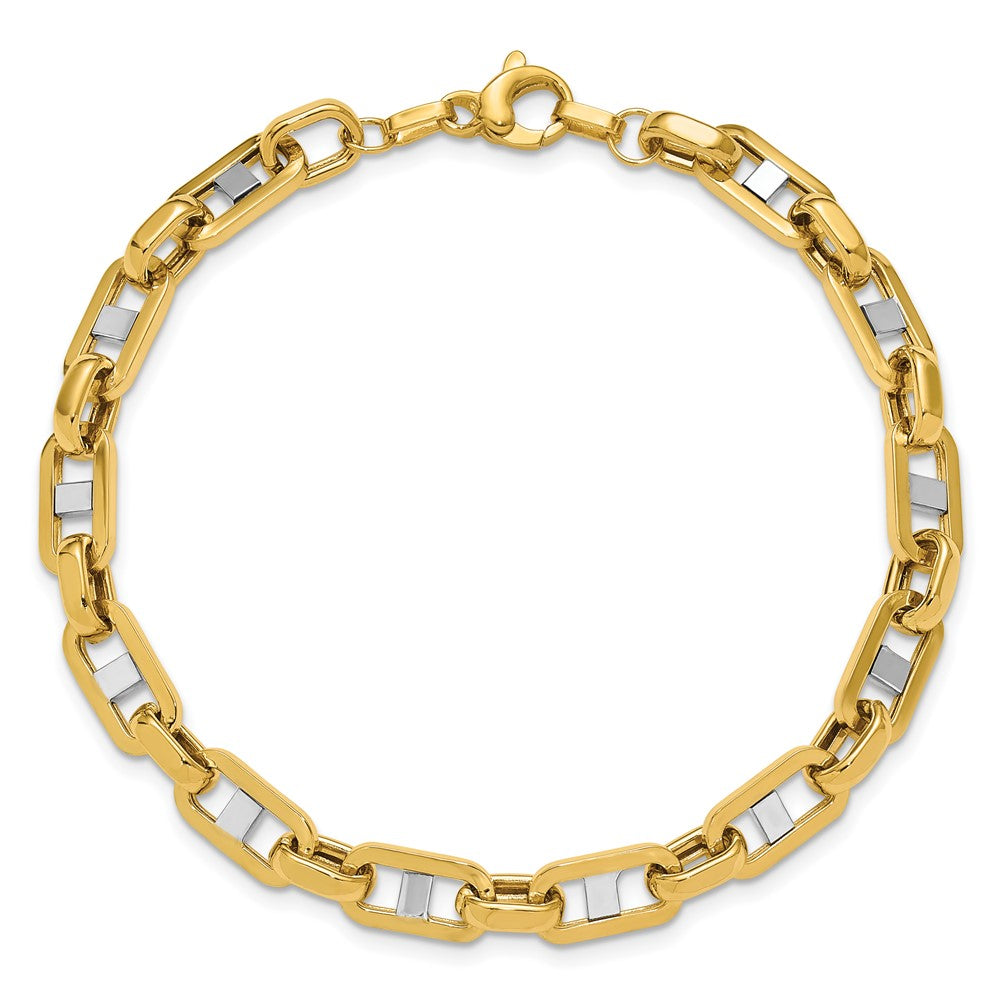 14K Yellow & Rhodium Wht Rh Polished Fancy Flat Anchor Men'S Link Bracelet