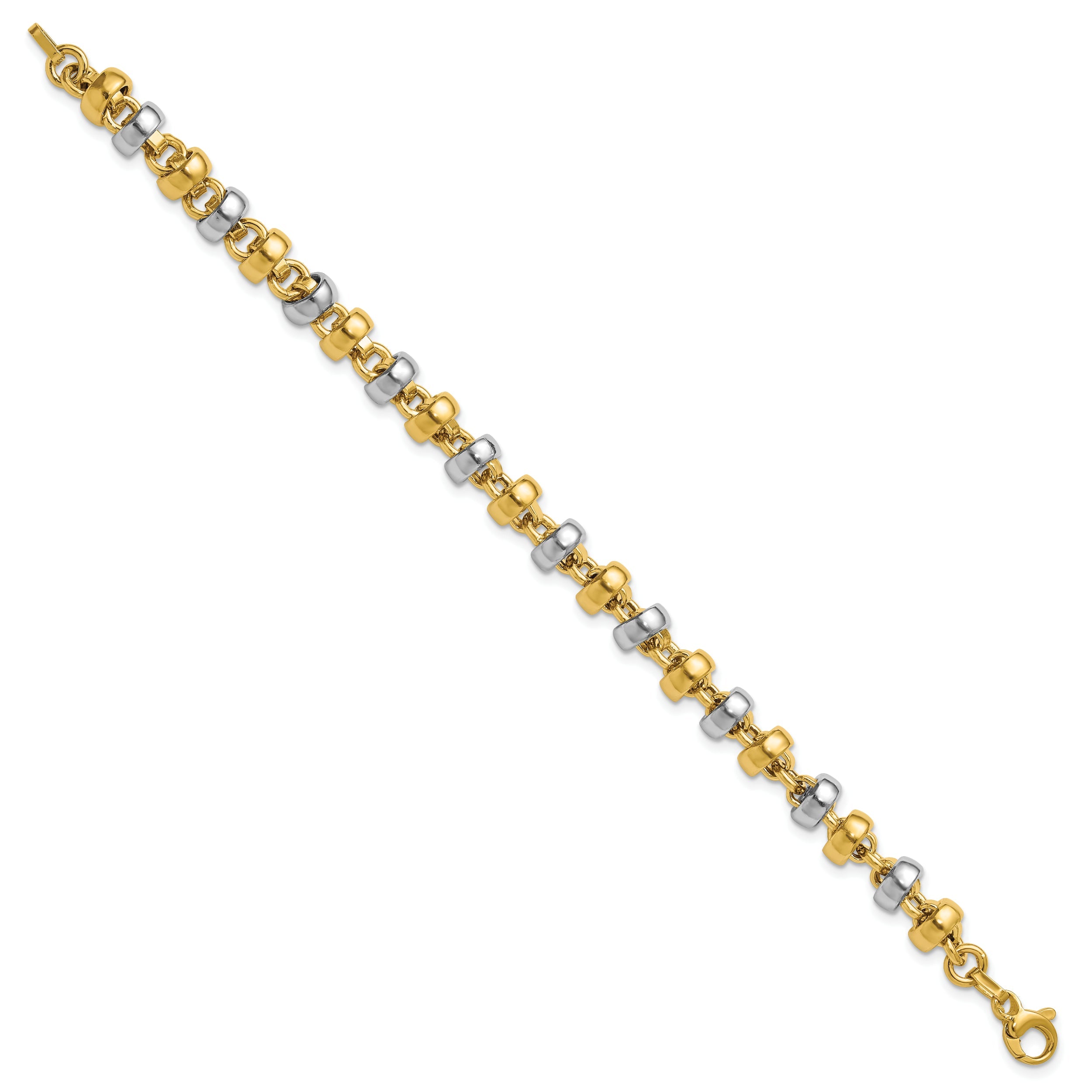 14K Yellow & Rhodium Wht Polish Moveable Beaded Link Bracelet