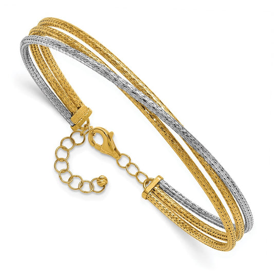 14K Two Tone 14Ktt Polished & Textured Fancy 3 Wire W/ 1In Ext. Bangle