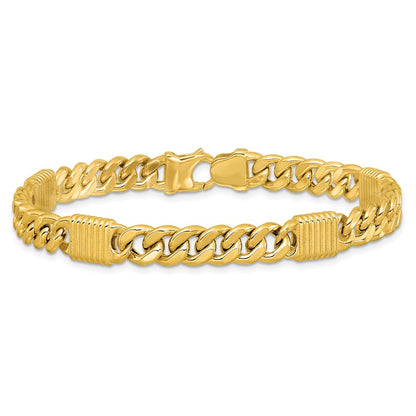 14K Yellow Gold Polished/Grooved Fancy Curb Link Station Men'S Bracelet