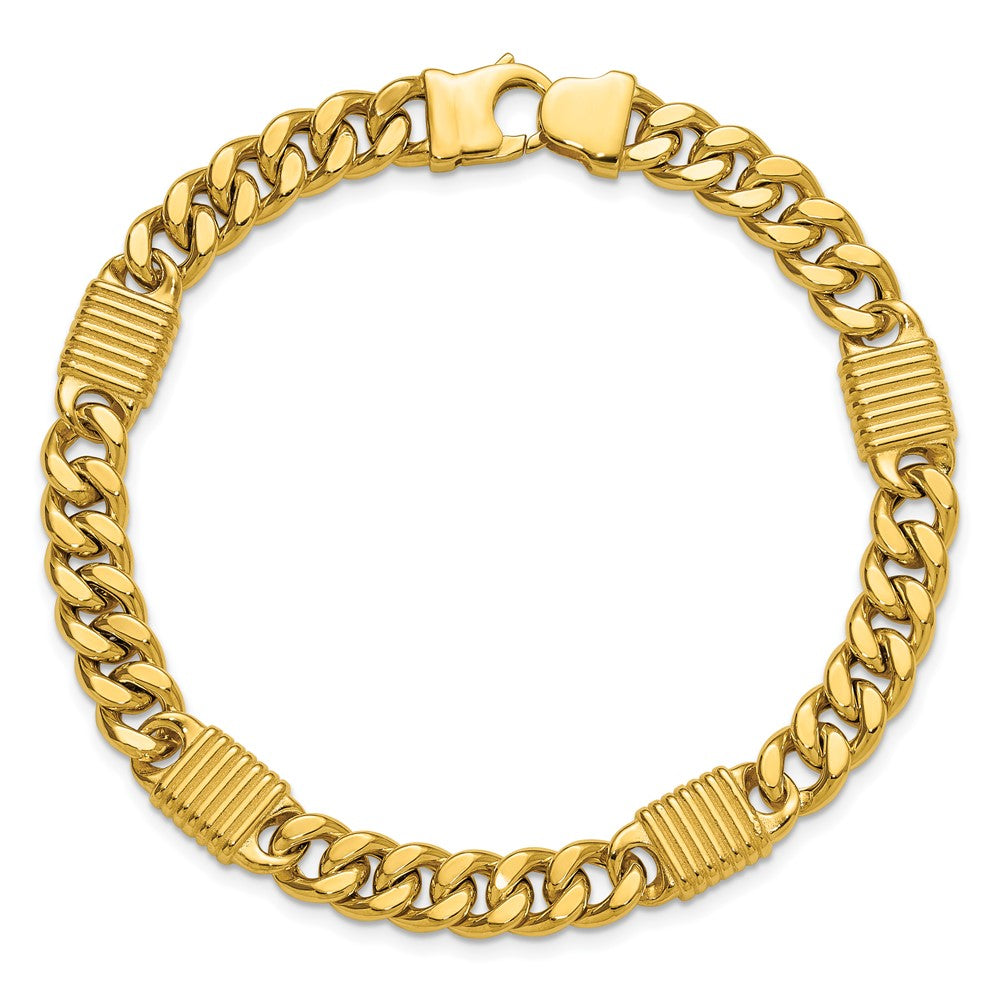 14K Yellow Gold Polished/Grooved Fancy Curb Link Station Men'S Bracelet