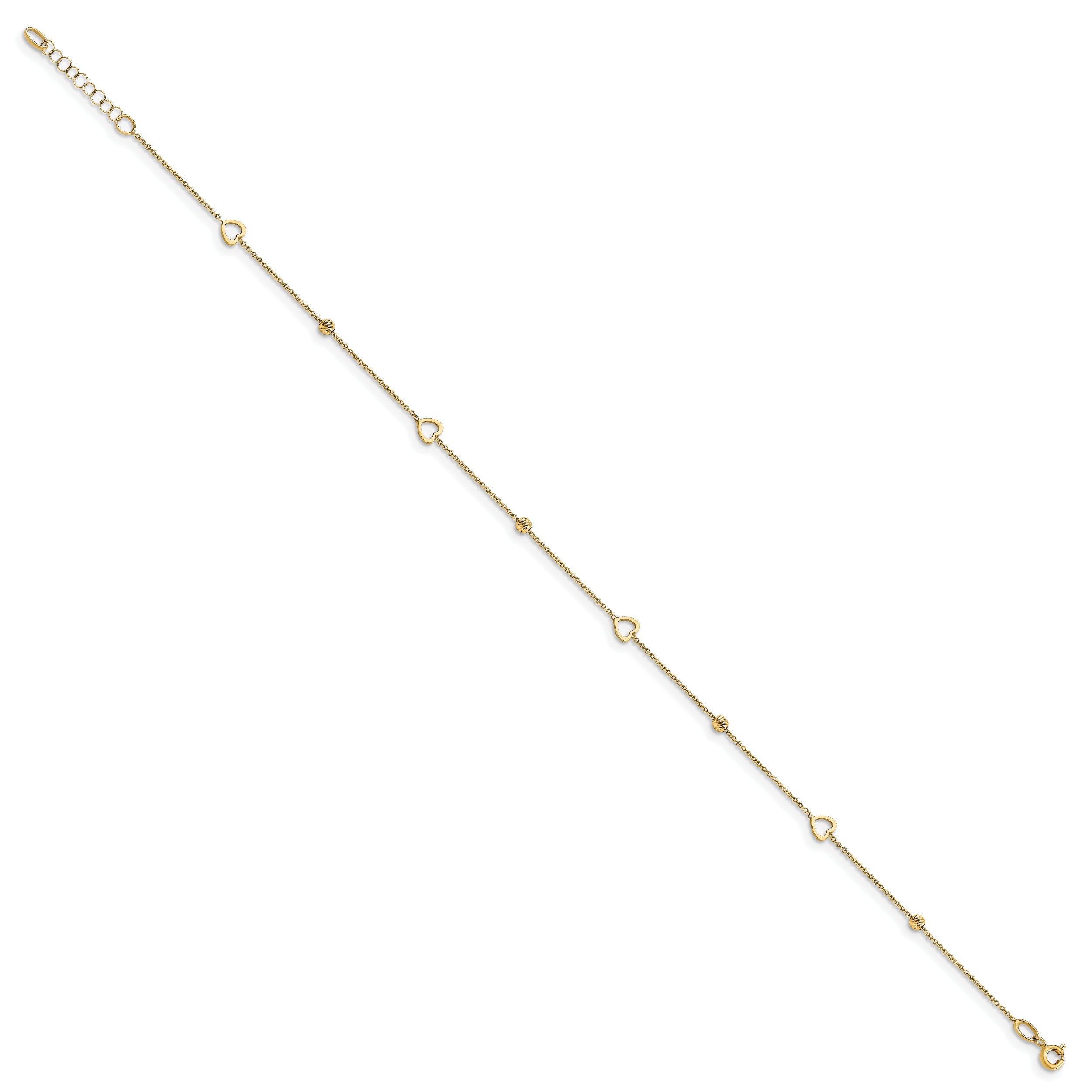 14K Yellow Gold Polished And D/C Heart W/1In Ext. Anklet